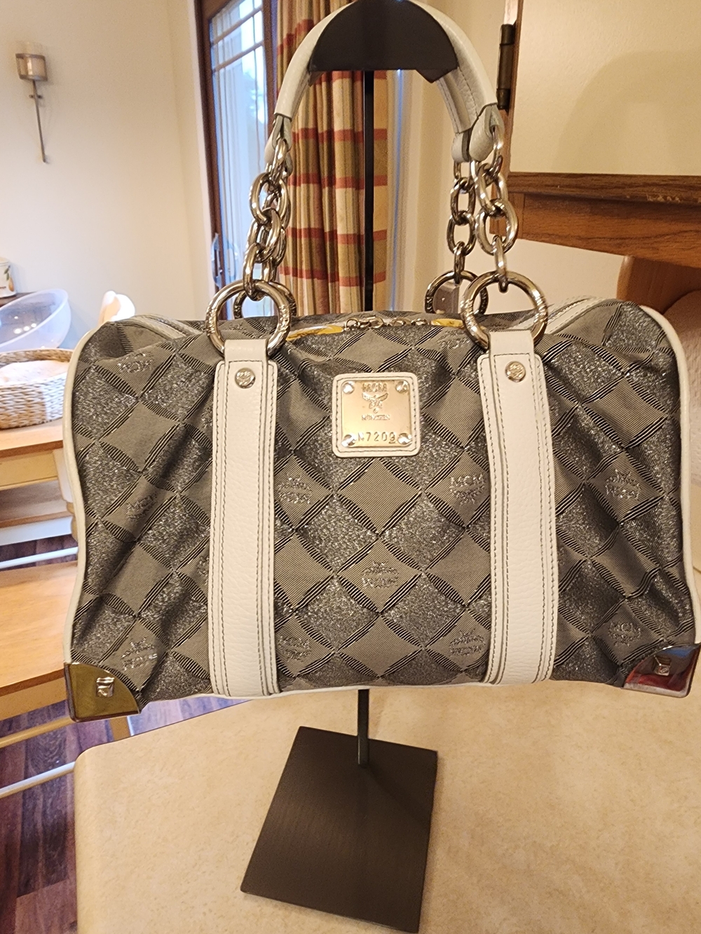 vintage MCM Lioness Diamond Jacquard Boston Satchel Bag.